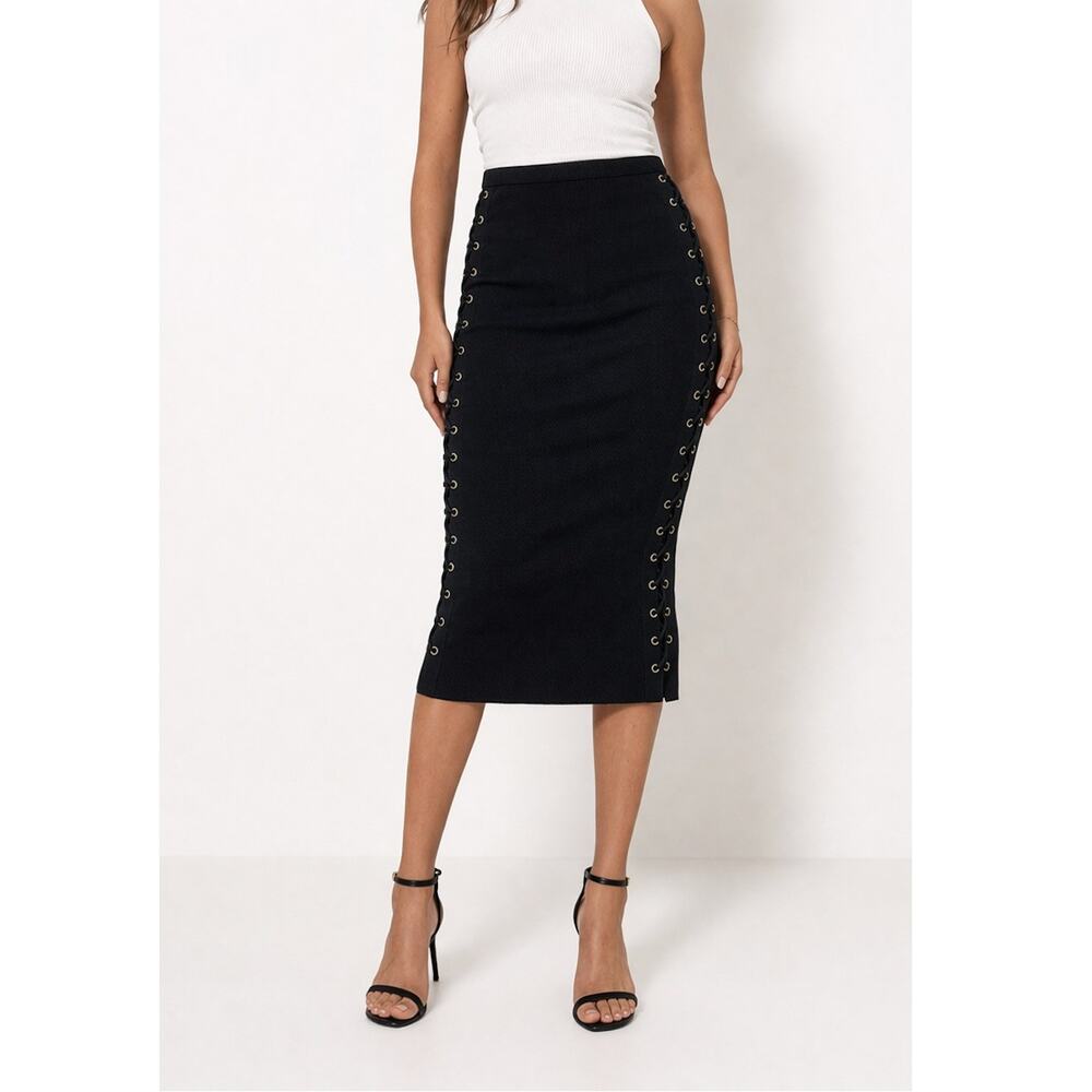 Alice + Olivia Lace Up Ribbed Knit Midi Pencil Skirt Wool Black S